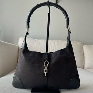 VINTAGE GUCCI JACKIE BAMBOO, BLACK CANVAS LEATHER